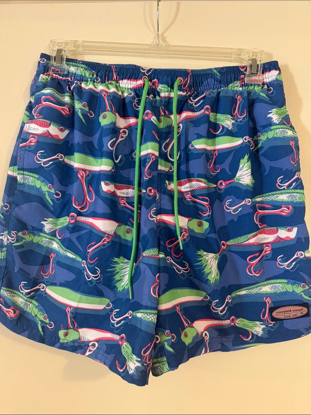 Vineyard Vines Blue Swim Trunks with Green and Pink Lure Print